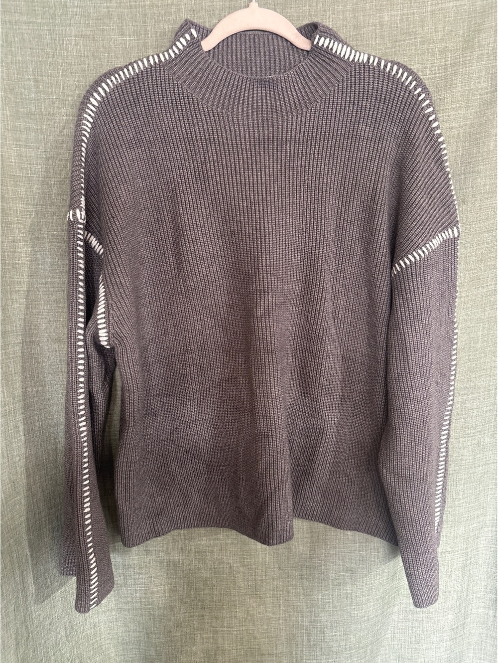 PrettyGarden Gray Ribbed Knit Sweater with White Stitching Detail, Size M